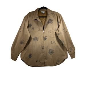 Chicos 2 Kokopelli Tan Navajo Faux Suede Zip Jacket Shacket Womens Large 12 *